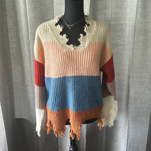 Colorblock Distressed R Label Sweater